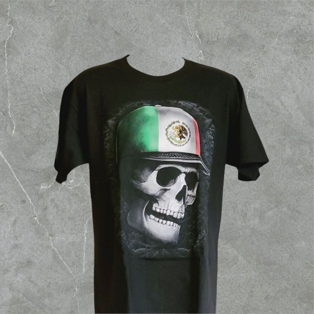 Men Casual Black T-Shirt Crew Neck Short Sleeve Black Skull Print Tee Size XL